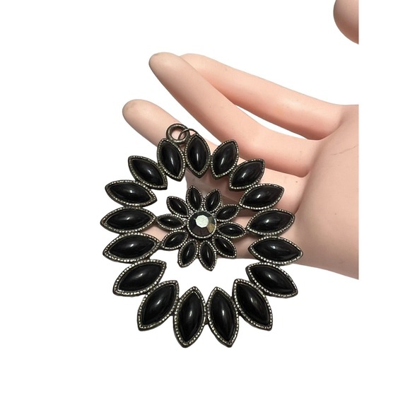 Pendant For Necklace Black Beads Silver Tone Blooming Flower Petals 2.5 " - Picture 7 of 15